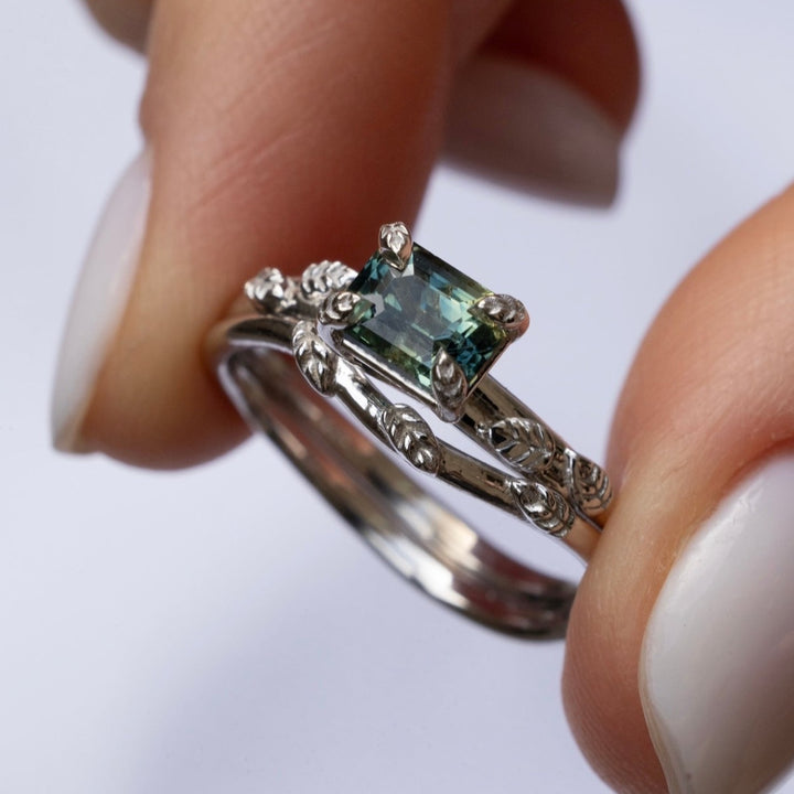 Nature Inspired Leaf Engagement Ring Set with Teal Green Sapphire 14K White Gold