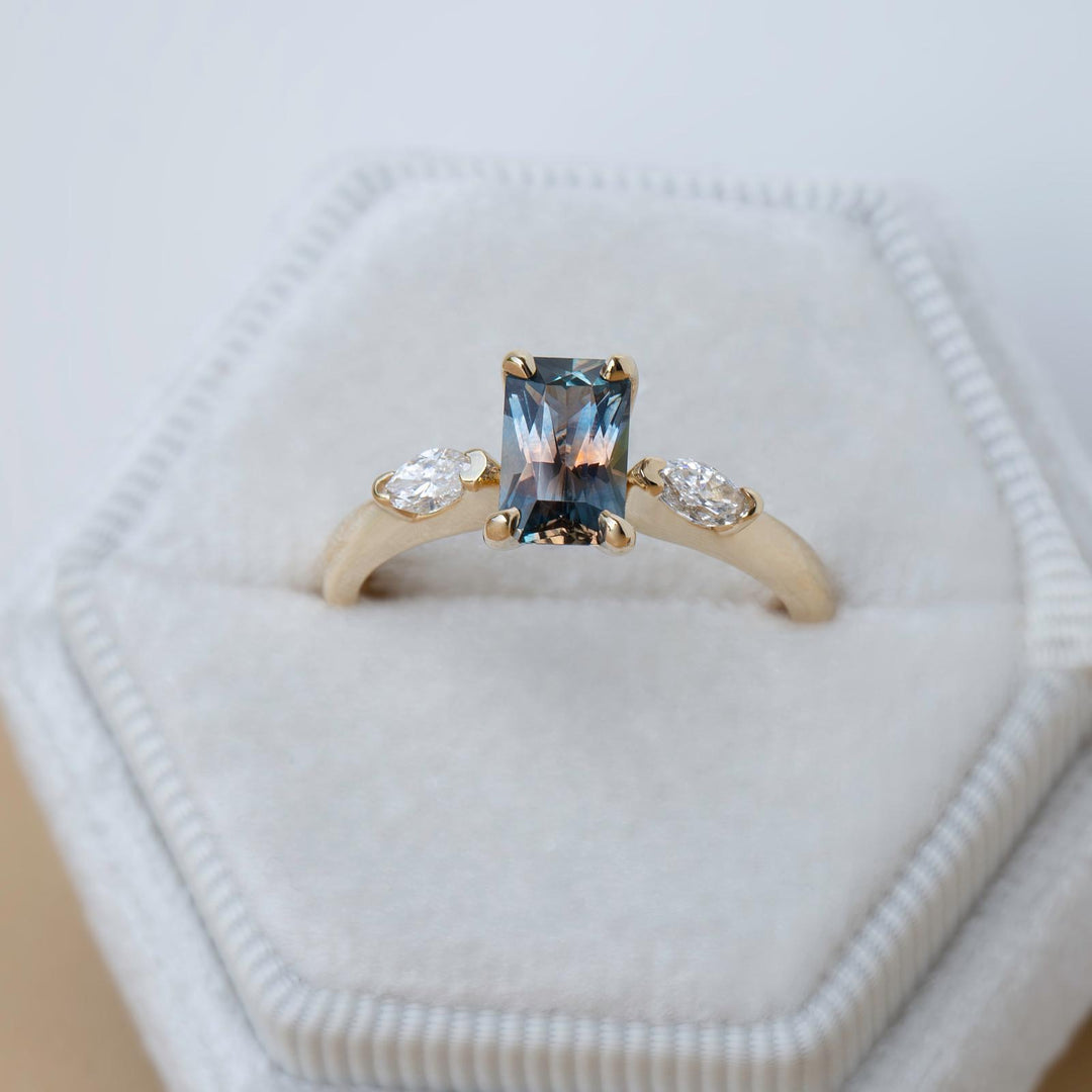 Three-Stone Emerald Cut Parti Color Montana Sapphire Ring w/ Lab-Grown Marquise Diamonds 14K Gold