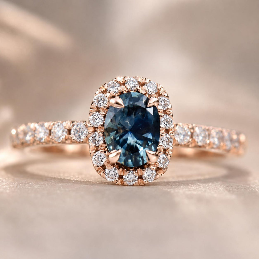 Blue Green Oval Montana Sapphire and Diamond Halo Engagement Ring in 14K Gold