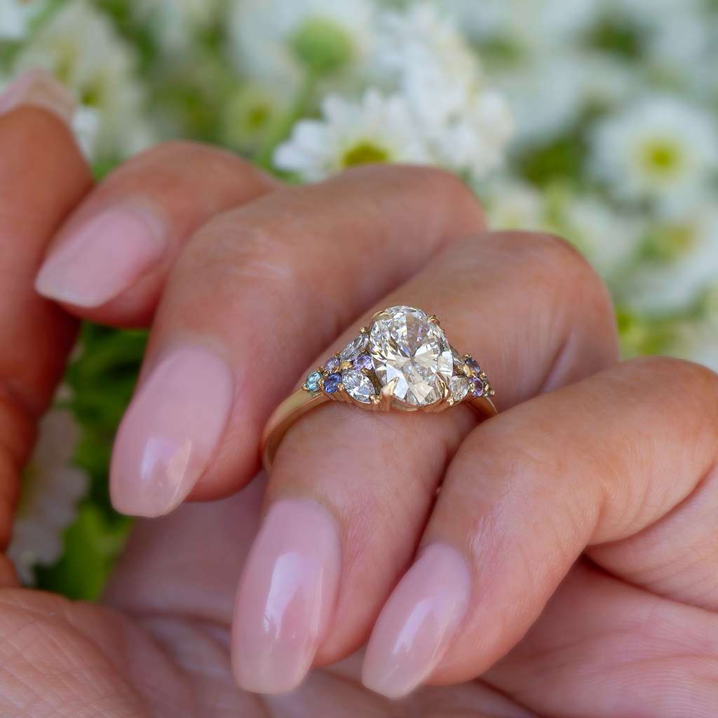Floral Lab Grown Diamond Engagement Ring with Multicolored Sapphires in 14K Gold Nature Inspired Oval Diamond Ring