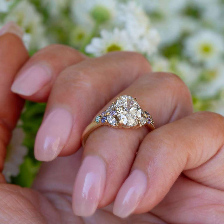Floral Lab Grown Diamond Engagement Ring with Multicolored Sapphires in 14K Gold Nature Inspired Oval Diamond Ring