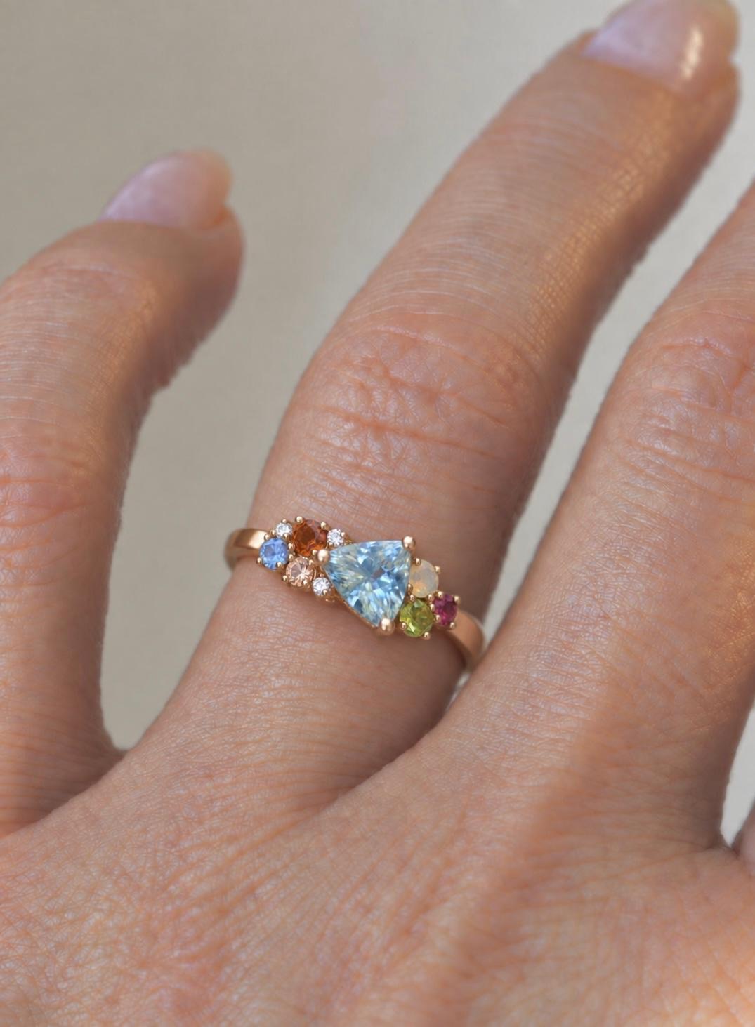 Trillion Cut Aqua Blue Aquamarine Multi Stone Cluster Engagement Ring in 14K Gold