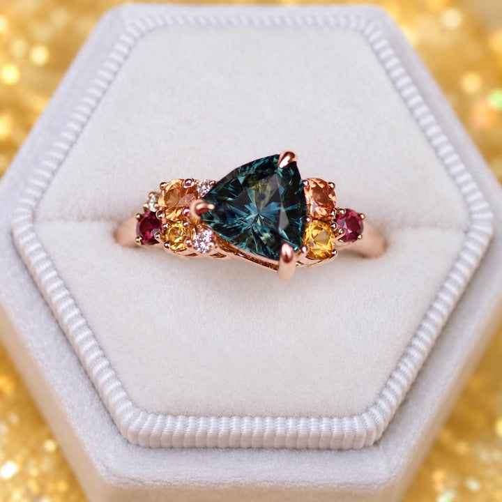 Trillion Cut Blue Green Montana Sapphire Multi Stone Cluster Engagement Ring in 14K Gold