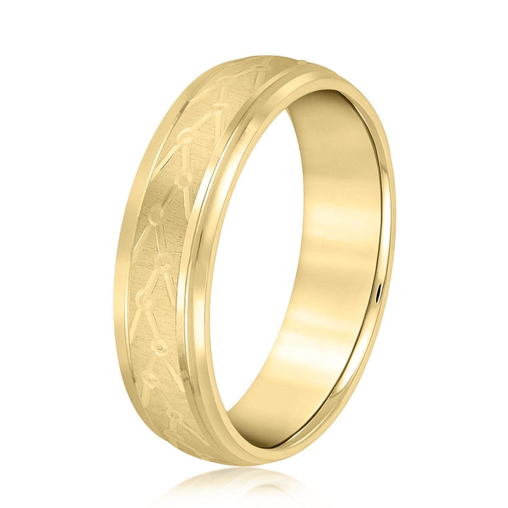 Nature Inspired Geometric Pattern 6mm Man's Wedding Band 14K Gold