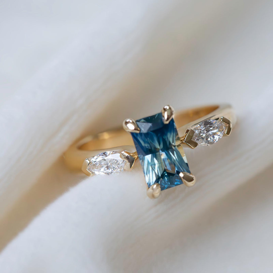 Three Stone Montana Sapphire Engagement Ring – Teal Sapphire and Diamond Ring in 14K Gold