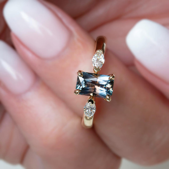 Three-Stone Emerald Cut Parti Color Montana Sapphire Ring w/ Lab-Grown Marquise Diamonds 14K Gold