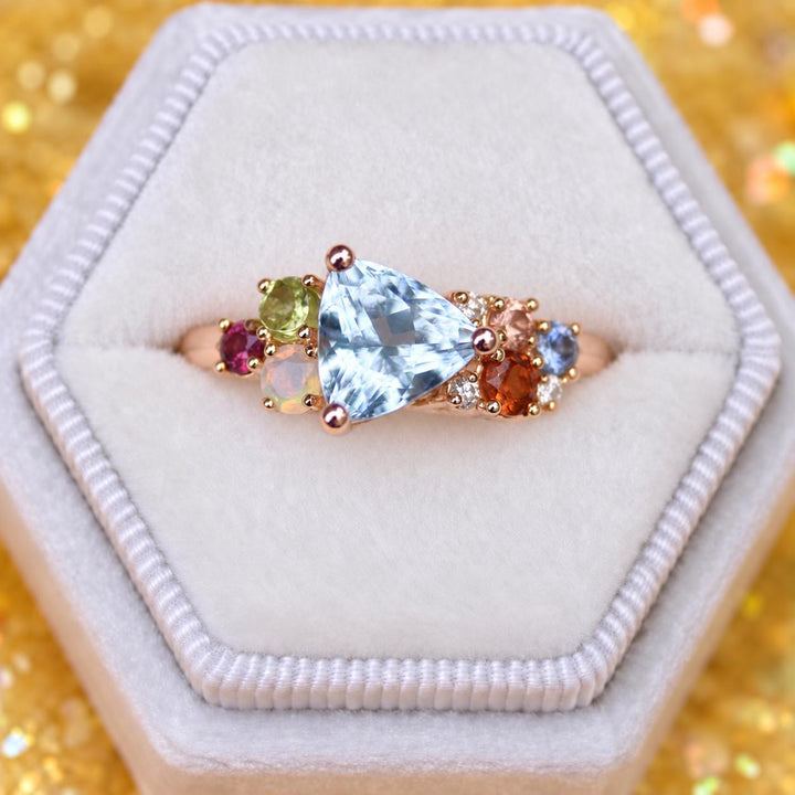 Trillion Cut Aqua Blue Aquamarine Multi Stone Cluster Engagement Ring in 14K Gold