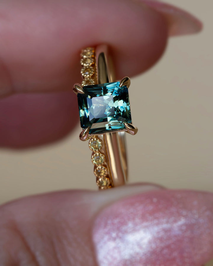 Amara Engagement Ring Set w/Green Emerald Cut Sapphire and Yellow Sapphire Milgrain Wedding Band 14K Gold