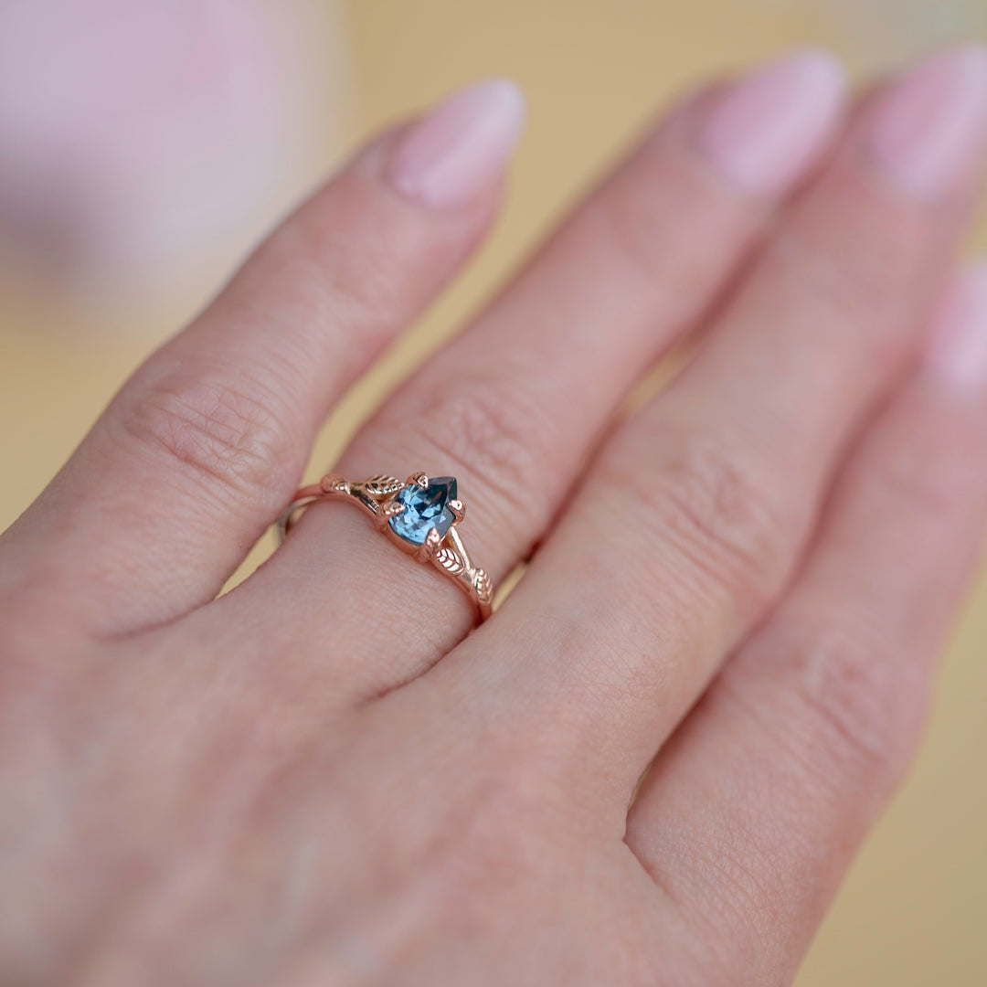 Leaf Engagement Ring with Teal Montana Sapphire 14K Gold