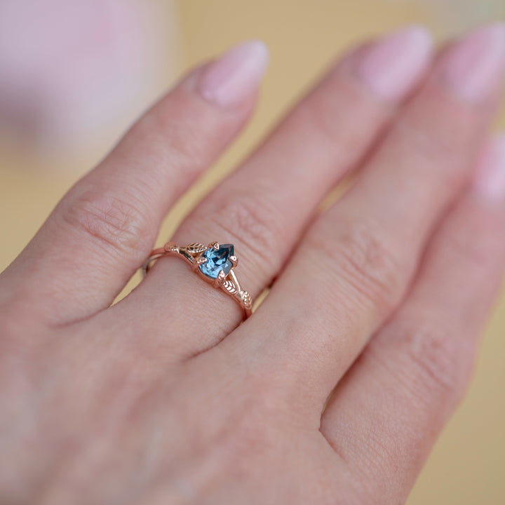 Leaf Engagement Ring with Teal Montana Sapphire 14K Gold