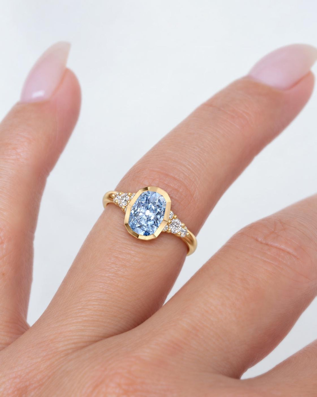 Lab Grown Fancy Vivid Blue Elongated Cushion Diamond Engagement Ring in 14K Gold|Bezel Set Diamond Ring