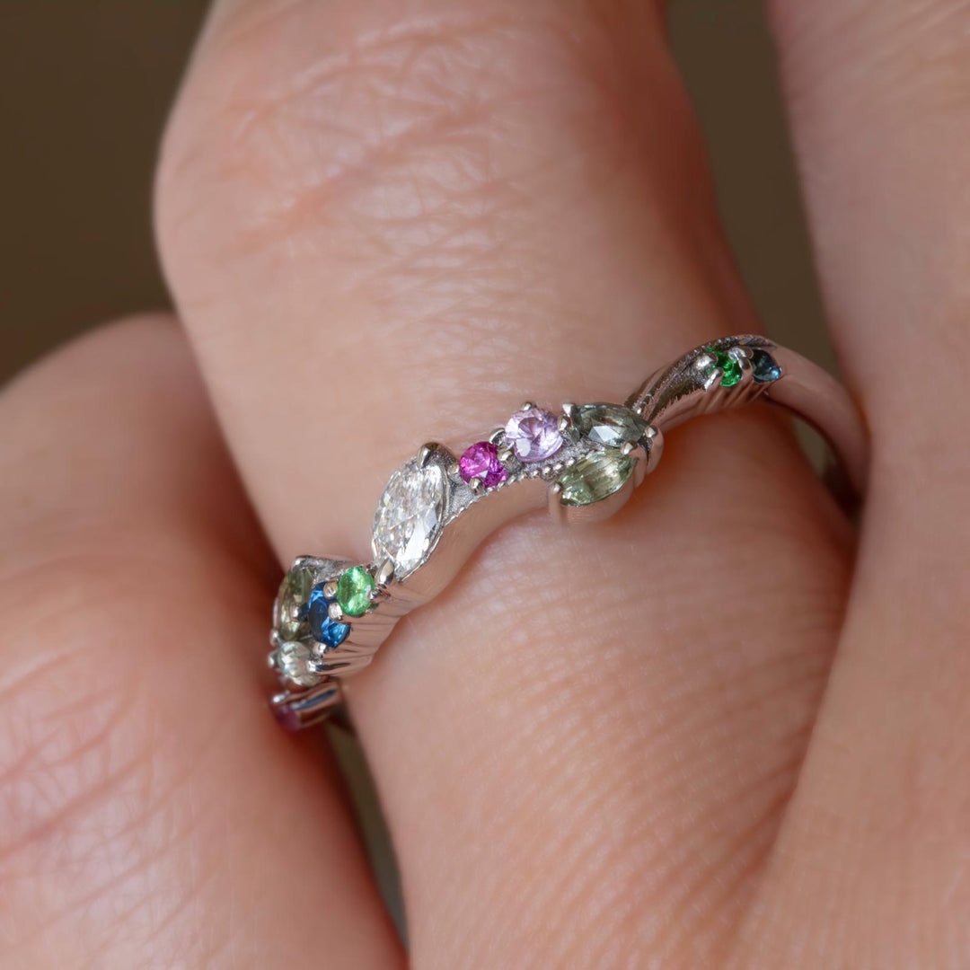 Whimsical Nature-Inspired Floral Wedding Band 14K Gold