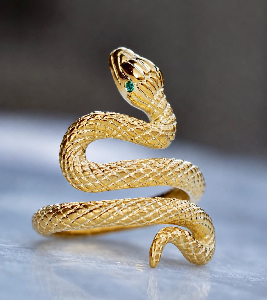 14K Gold Serpent Snake Ring with Natural Emerald Eyes
