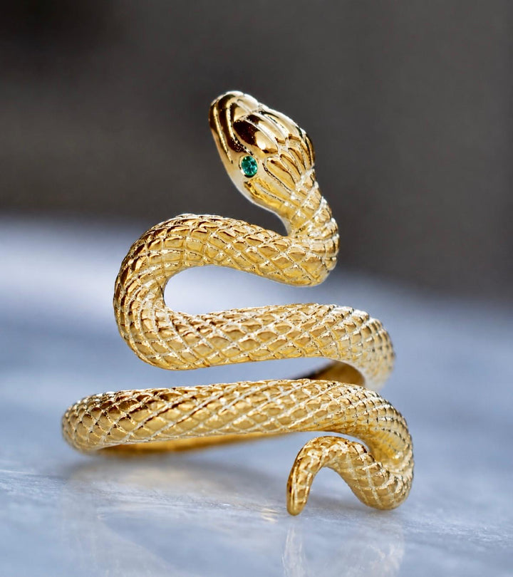 14K Gold Serpent Snake Ring with Natural Emerald Eyes