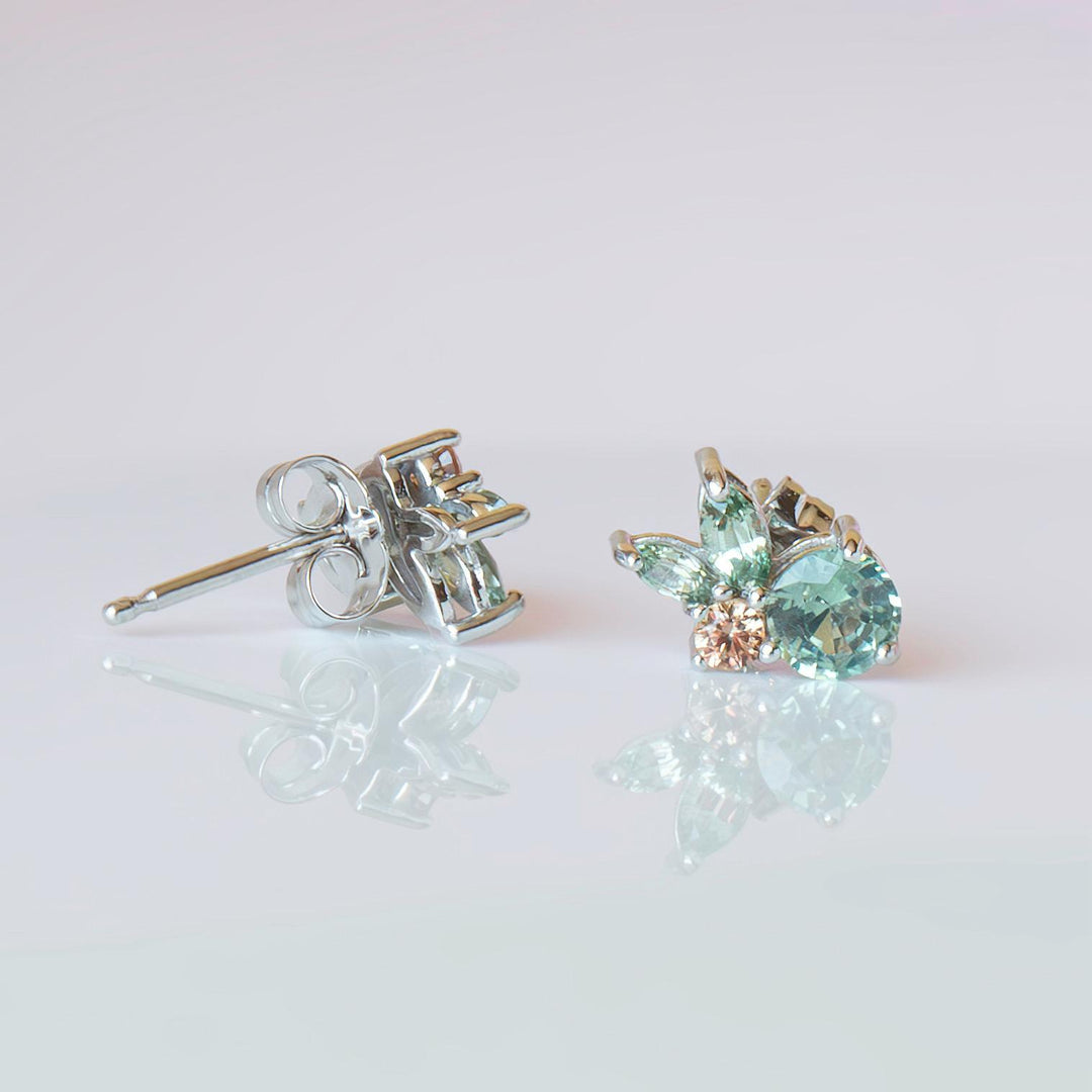 Floral Cluster Earrings with Mint Green Sapphire and Padparadscha Accents 14K Gold