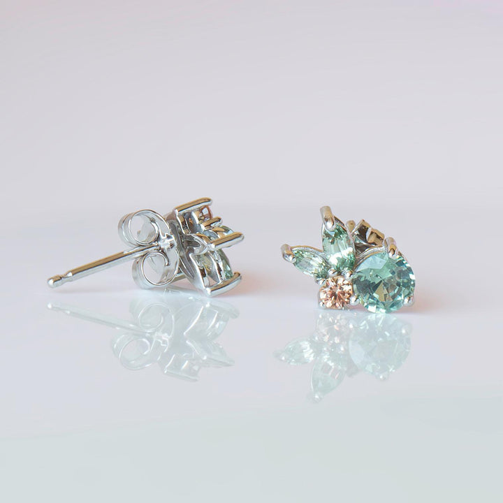 Floral Cluster Earrings with Mint Green Sapphire and Padparadscha Accents 14K Gold