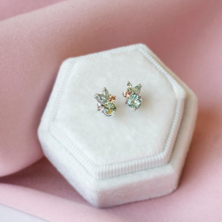 Floral Cluster Earrings with Mint Green Sapphire and Padparadscha Accents 14K Gold
