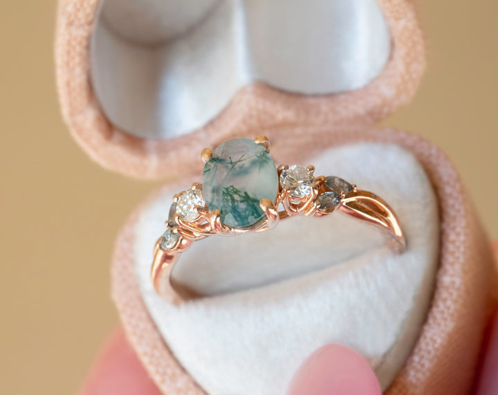 Nature Inspired Moss Agate Engagement Ring w/ Diamonds and Marquise Green Sapphires 14K Gold