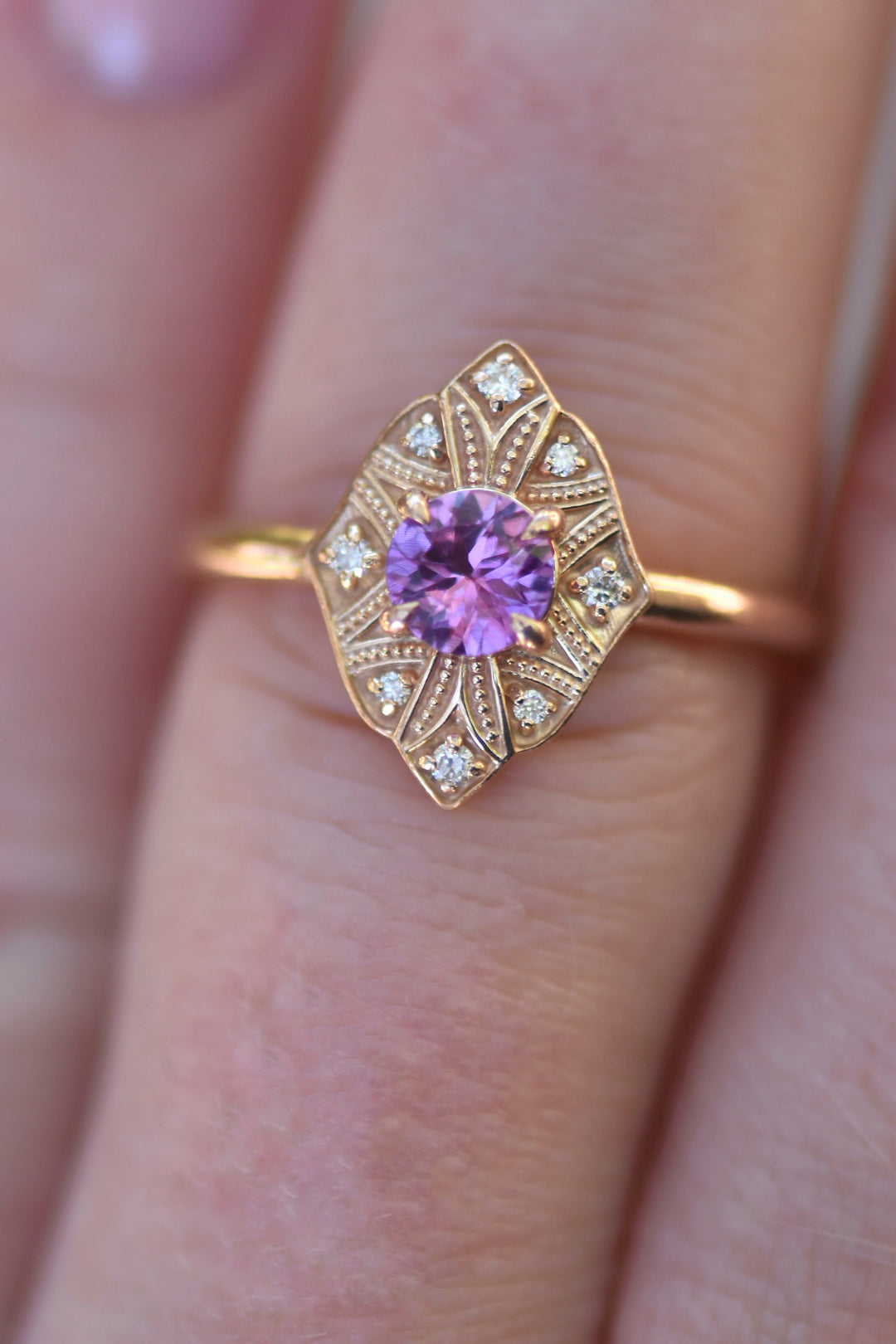 Pink Sapphire Art Deco Engagement Ring, 14K Rose Gold