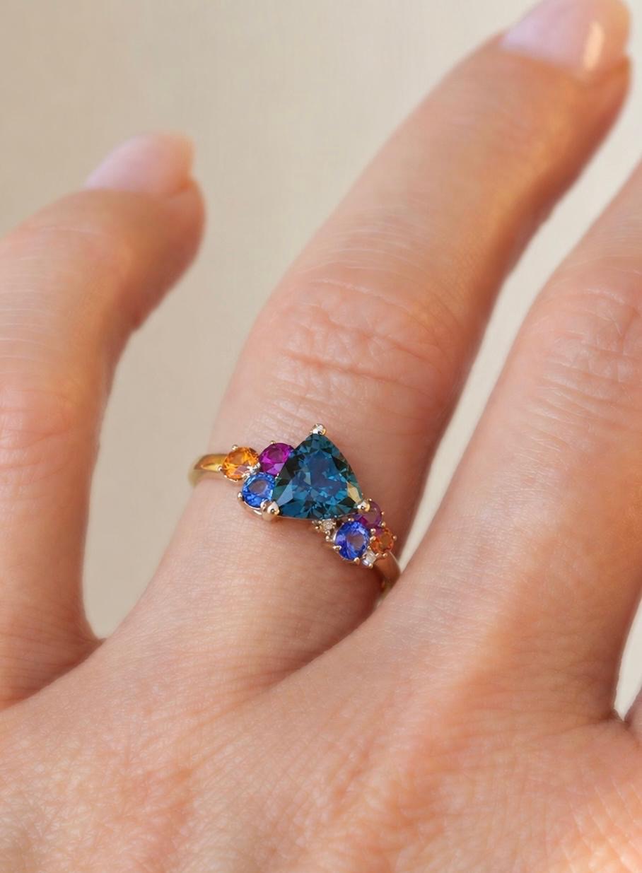 Trillion Teal Sapphire Multi Stone Cluster Engagement Ring in 14K Gold