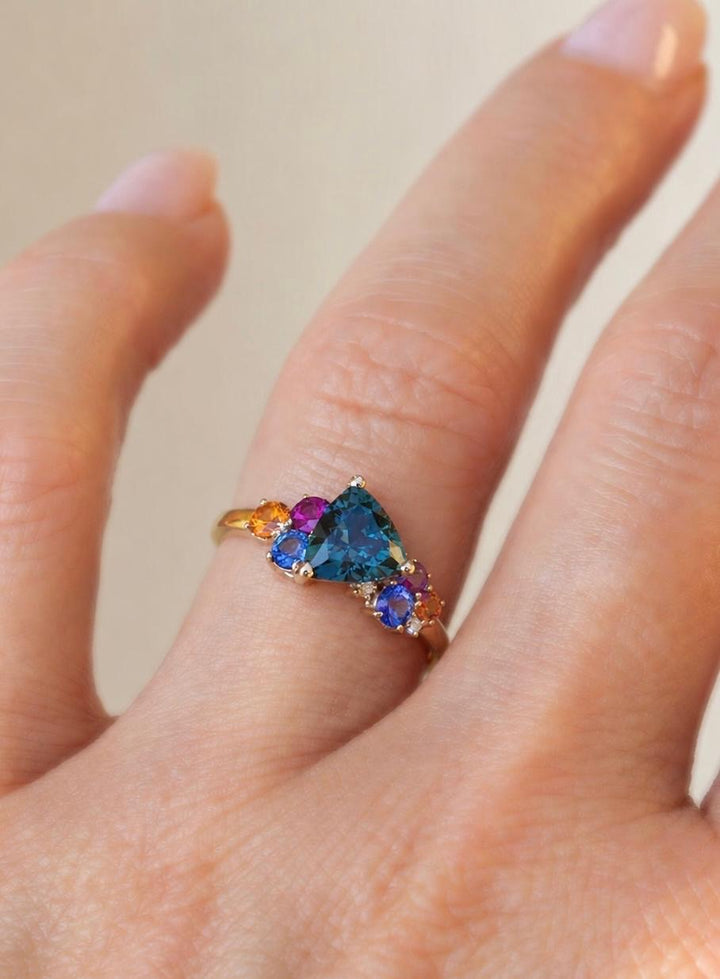 Trillion Teal Sapphire Multi Stone Cluster Engagement Ring in 14K Gold