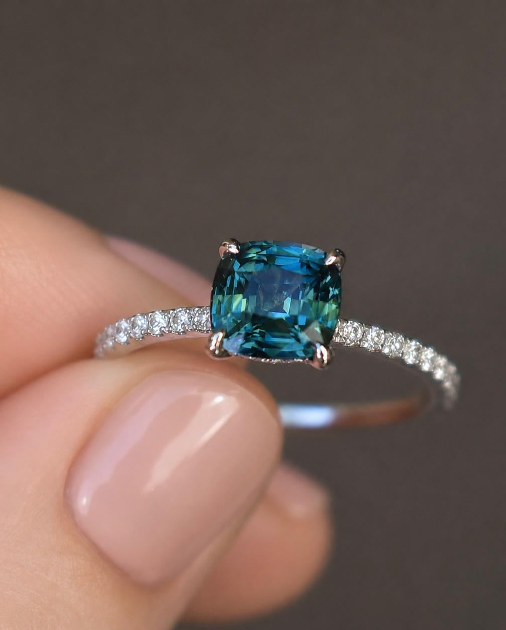 Cushion Cut Bi Color Sapphire Hidden Halo Engagement Ring in 14K Gold