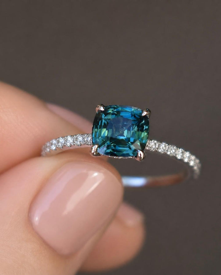 Cushion Cut Bi Color Sapphire Hidden Halo Engagement Ring in 14K Gold