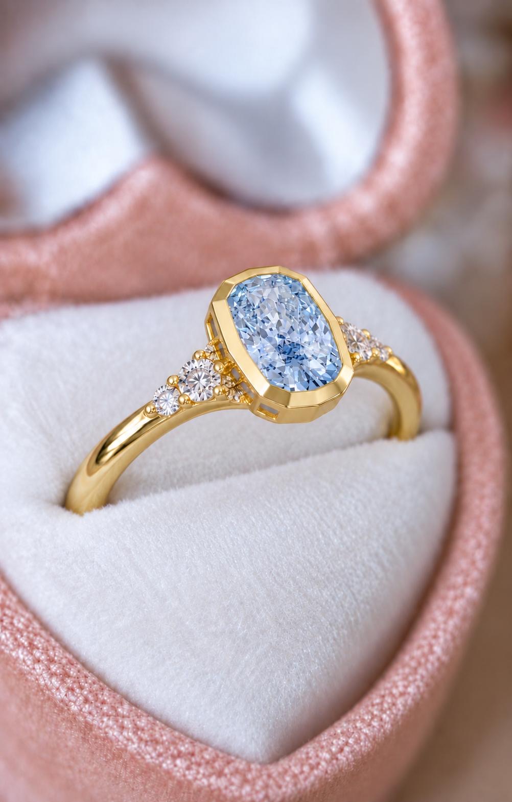 Lab Grown Fancy Vivid Blue Elongated Cushion Diamond Engagement Ring in 14K Gold|Bezel Set Diamond Ring