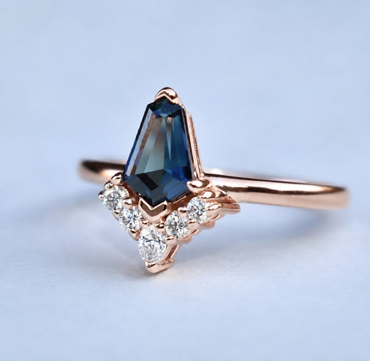 Kite Shape Teal Blue Sapphire Cluster Engagement Ring with Diamond Sunburst in 14K Gold