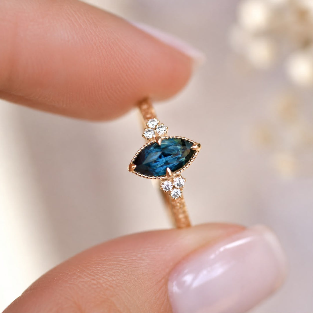 Floral Marquise Teal Sapphire Engagement Ring in 14K Gold  Nature Inspired Sapphire and Diamond Ring