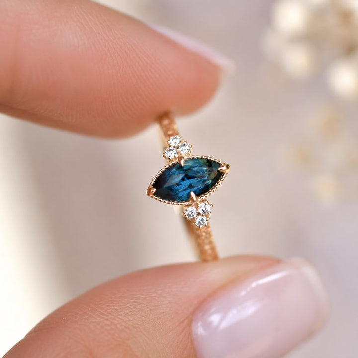 Floral Marquise Teal Sapphire Engagement Ring in 14K Gold  Nature Inspired Sapphire and Diamond Ring