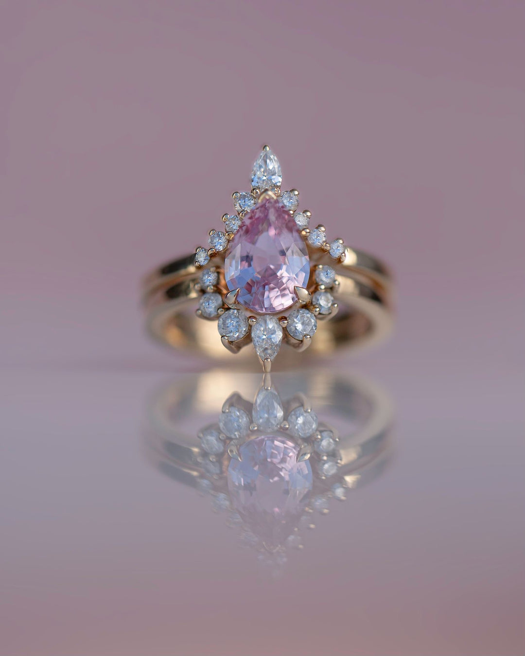 Pear Shape Pink Sapphire and Diamond Engagement Ring Set 14K Gold