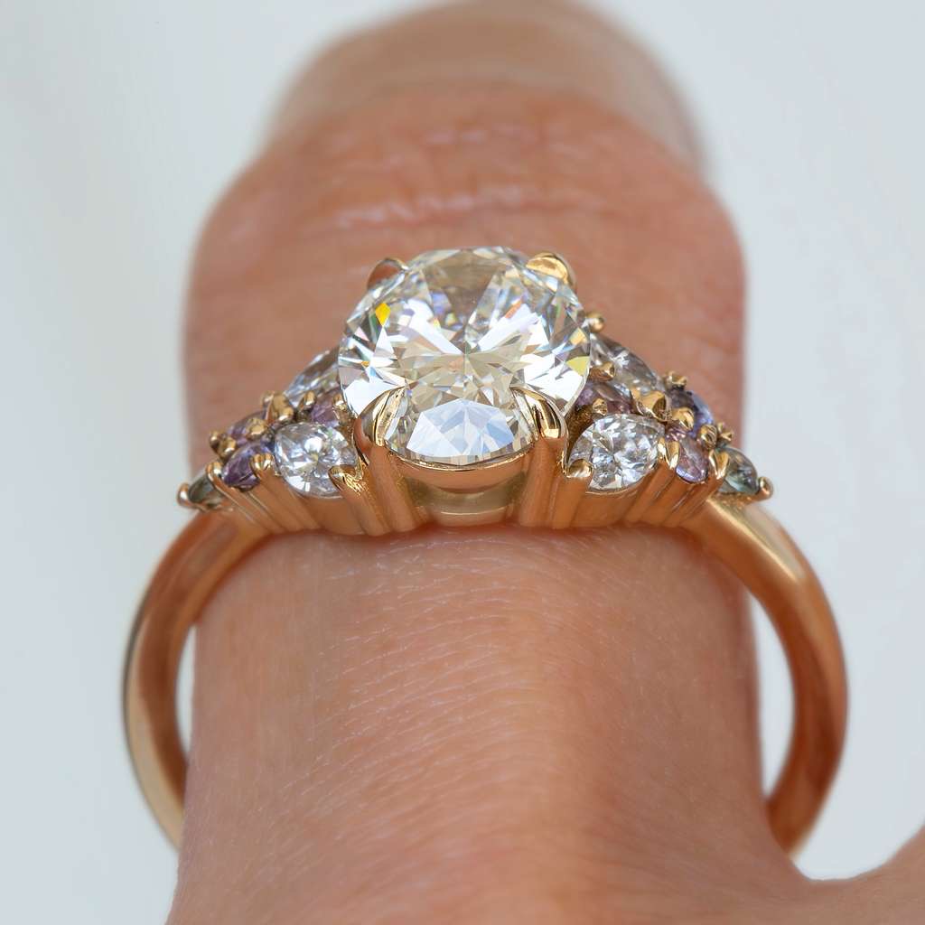 Floral Lab Grown Diamond Engagement Ring with Multicolored Sapphires in 14K Gold Nature Inspired Oval Diamond Ring