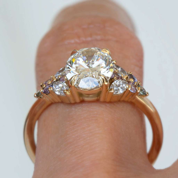Floral Lab Grown Diamond Engagement Ring with Multicolored Sapphires in 14K Gold Nature Inspired Oval Diamond Ring