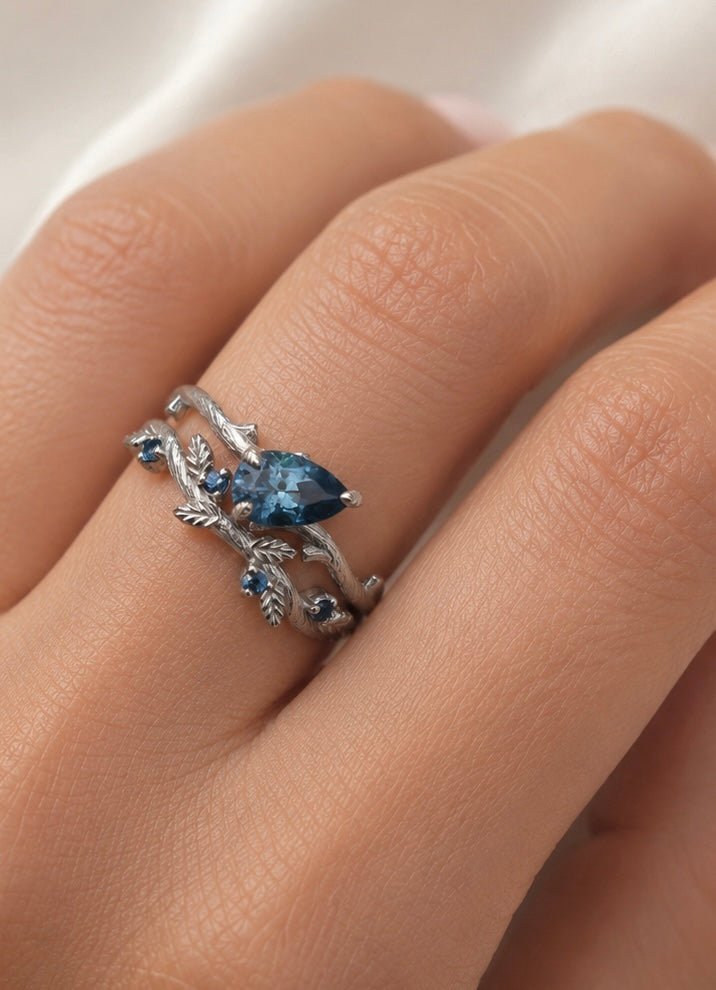 Twig Leaf Engagement Ring Set with Pear Cut Teal Blue Montana Sapphire in 14K Gold