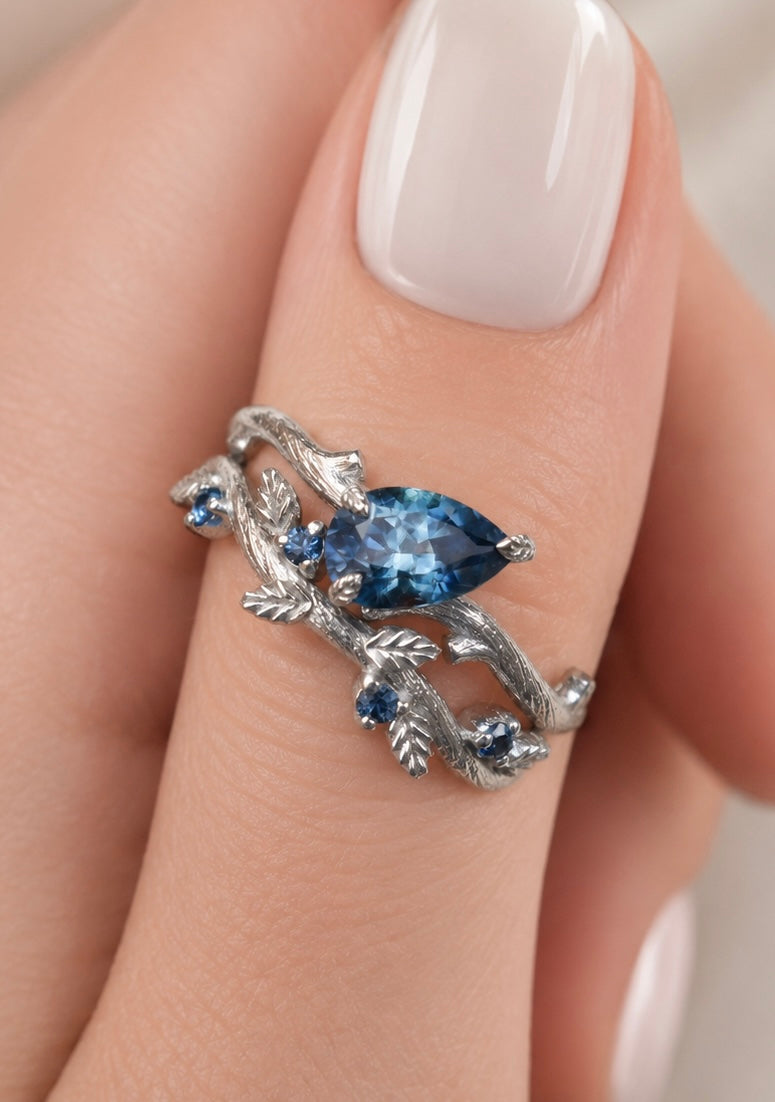 Twig Leaf Engagement Ring Set with Pear Cut Teal Blue Montana Sapphire in 14K Gold