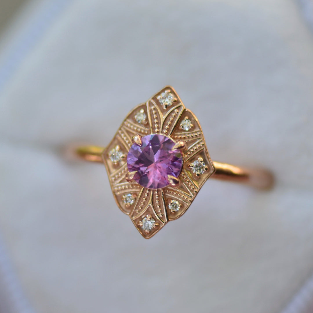 Pink Sapphire Art Deco Engagement Ring, 14K Rose Gold