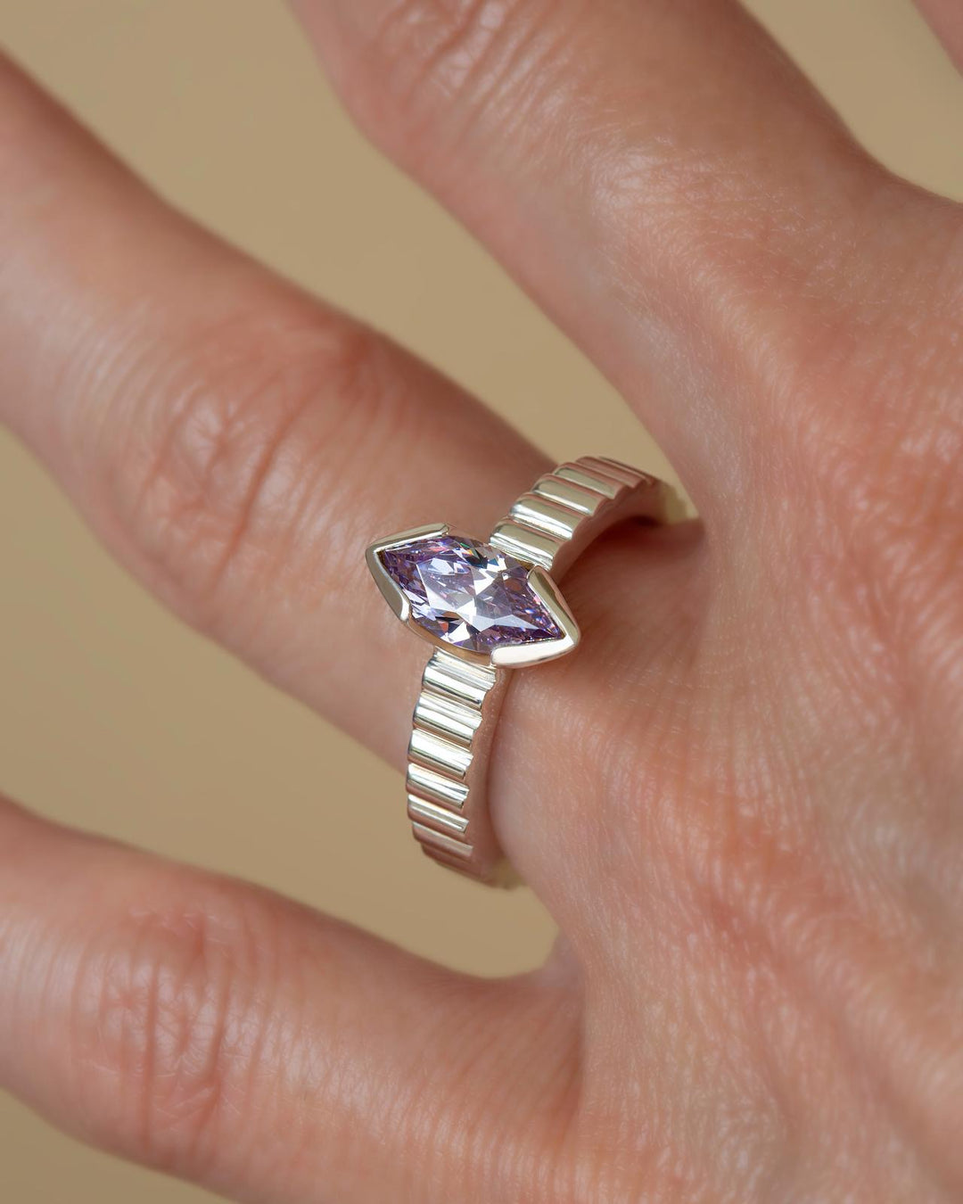 Lab Grown Lilac Marquise Sapphire Solitaire Engagement Ring – Vintage Inspired 14K Gold Ring