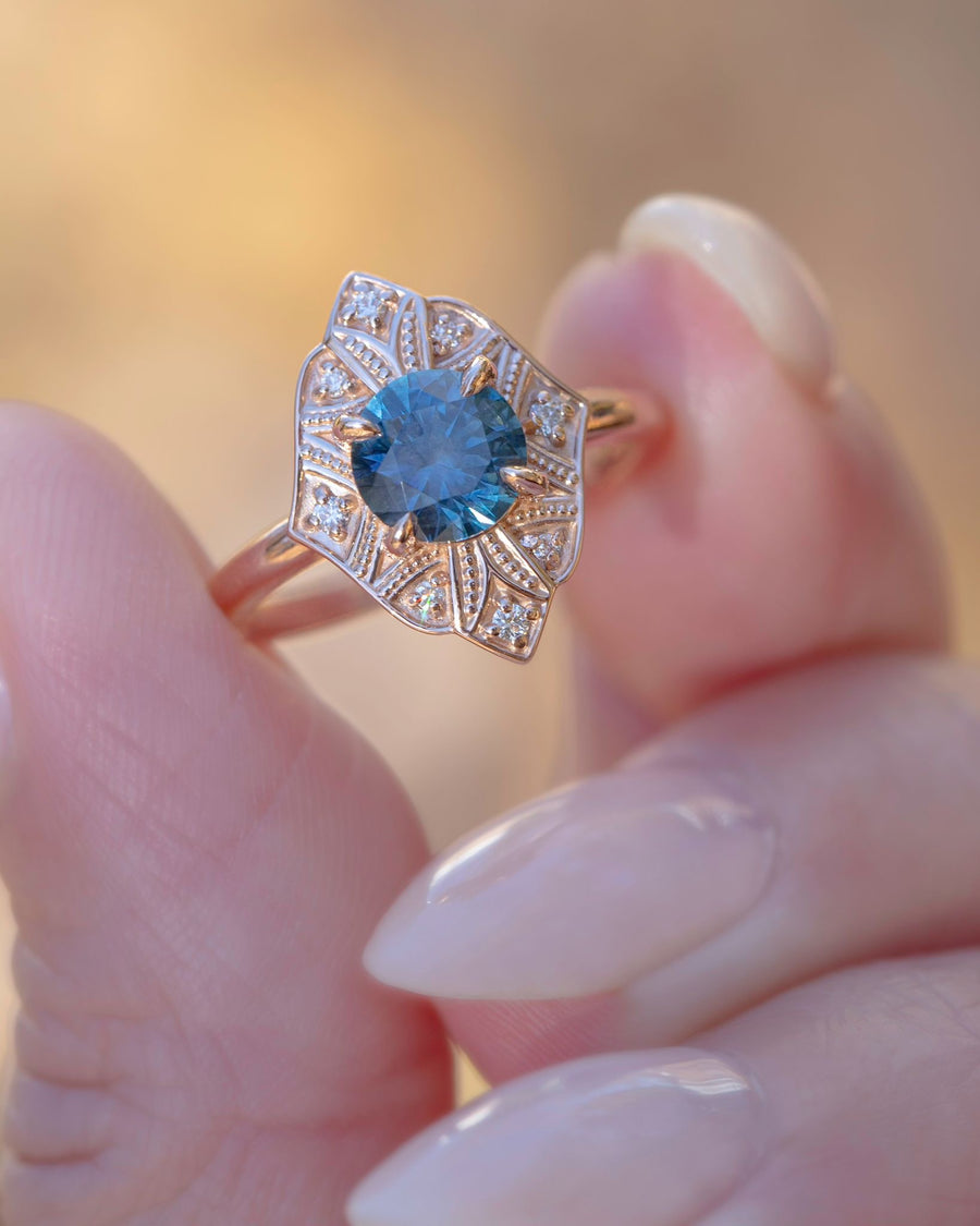 Art Deco Montana Sapphire Ring 14K Gold,Art Deco Engagement Ring Vintage,Teal Sapphire Engagement Ring