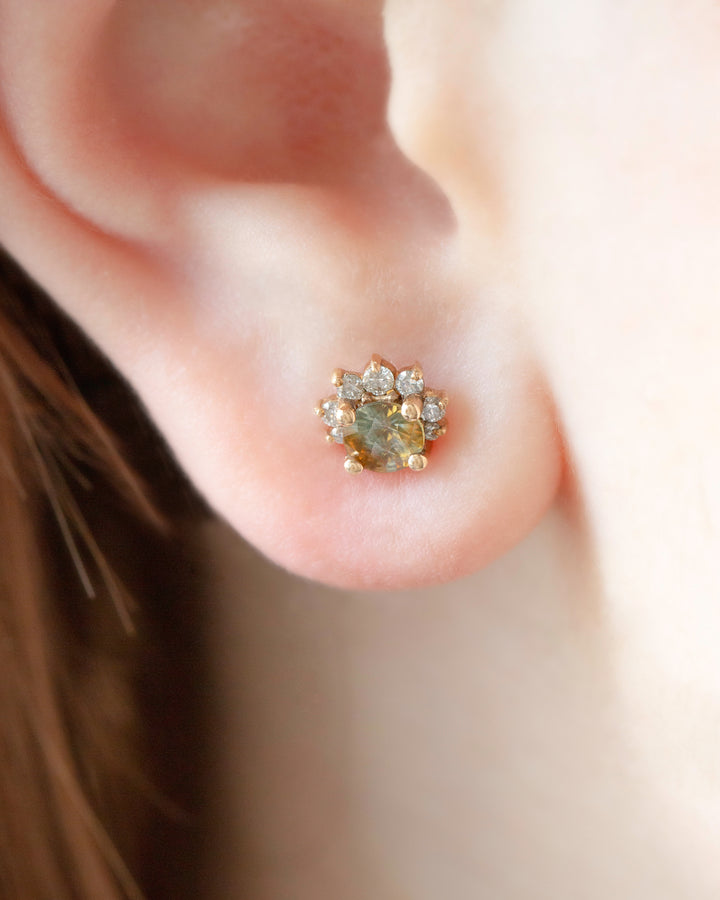 Montana Sapphire Flower Stud Earrings w/Diamonds 14K Gold
