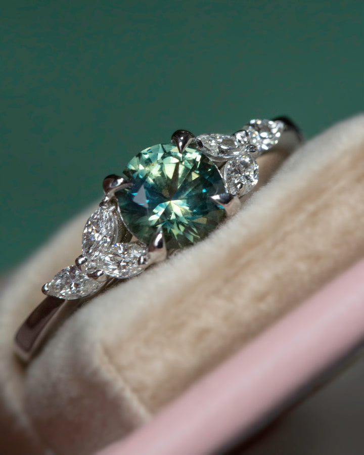 Teal Montana Sapphire Ring with Marquise Diamonds 14K White Gold, Cluster Engagement Ring