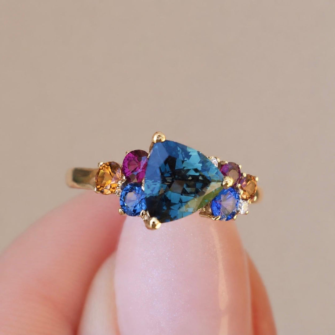 Trillion Teal Sapphire Multi Stone Cluster Engagement Ring in 14K Gold
