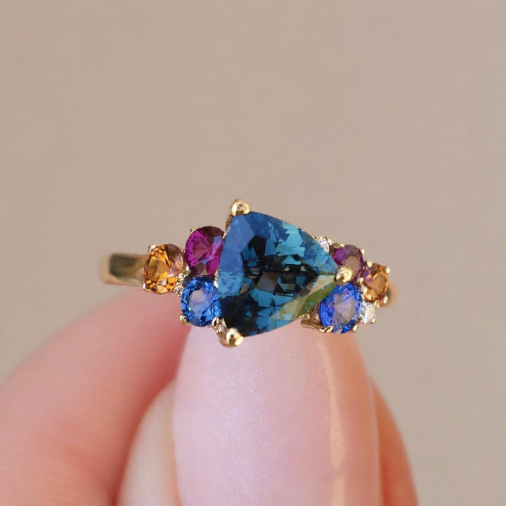 Trillion Teal Sapphire Multi Stone Cluster Engagement Ring in 14K Gold
