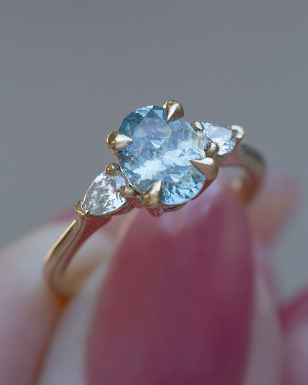 Sky Blue  Oval Montana Sapphire Three Stone Engagement Ring w/ Pear Cut Diamonds 14K Gold