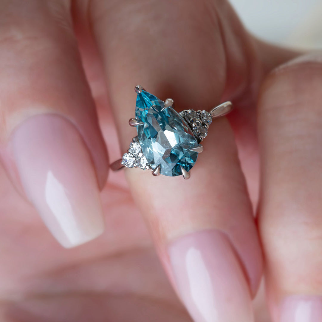 Pear Light Blue Aquamarine and Diamond Ring 14K Gold