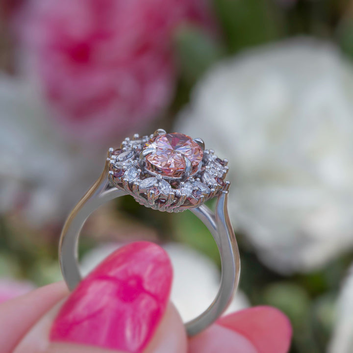 Floral Engagement Ring w/ Oval Pink Diamond and Padparadscha Sapphires 14K Gold