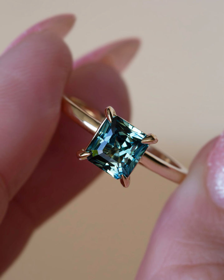 Amara Engagement Ring Set w/Green Emerald Cut Sapphire and Yellow Sapphire Milgrain Wedding Band 14K Gold