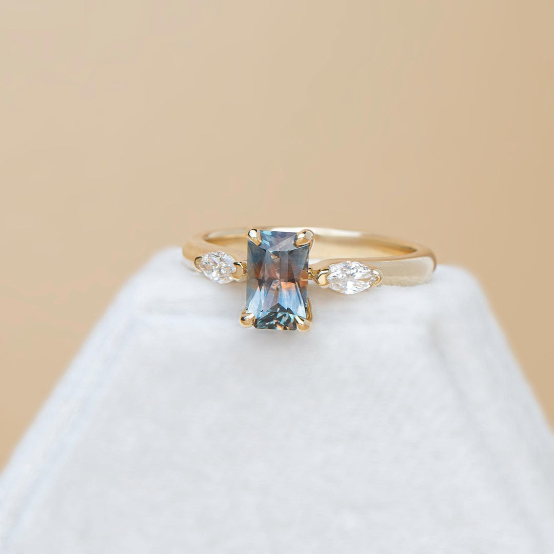Three-Stone Emerald Cut Parti Color Montana Sapphire Ring w/ Lab-Grown Marquise Diamonds 14K Gold