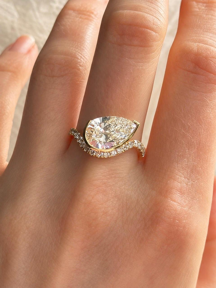 Pear Cut Lab Grown Diamond Engagement Ring in 14K Gold Half Bezel Diamond Ring with Diamond Accents