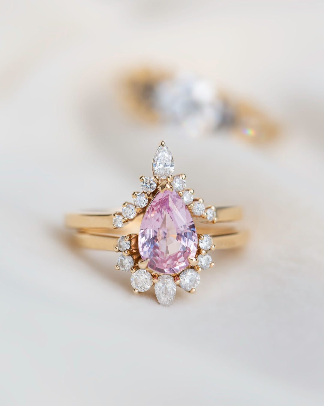 Pear Shape Pink Sapphire and Diamond Engagement Ring Set 14K Gold